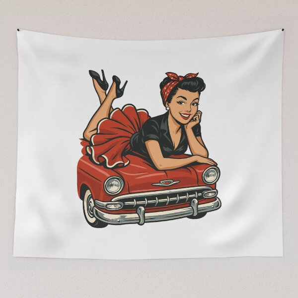 Item preview, Pin-up woman on vintage car: Rockabilly retro look designed and sold by Pineapple-Tree.