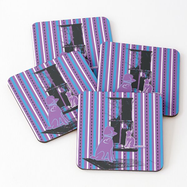 Item preview, Cat & Dog with Farm Window on Blue on Purple Stripe designed and sold by Digitalmyth's Designs.