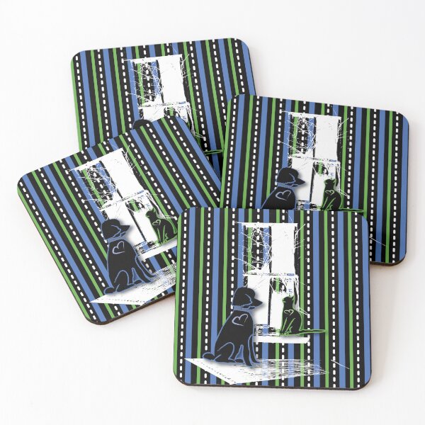 Item preview, Cat & Dog with Farm Window on Blue on Green Stripe designed and sold by Digitalmyth's Designs.