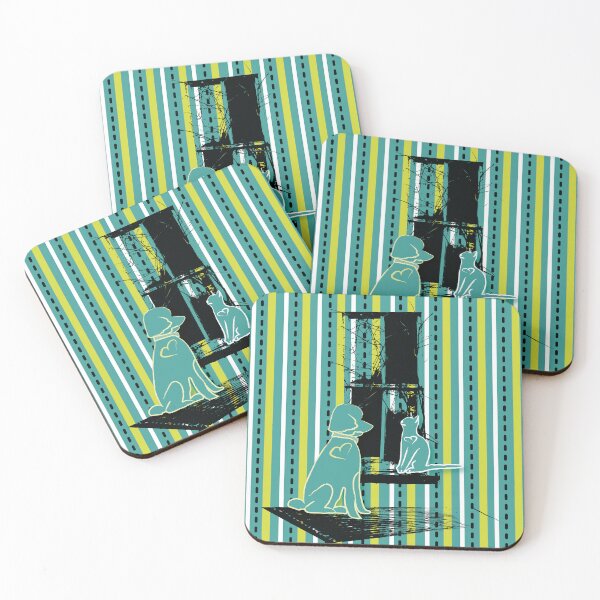 Item preview, Cat & Dog with Farm Window on Teal & Yellow Stripe designed and sold by Digitalmyth's Designs.