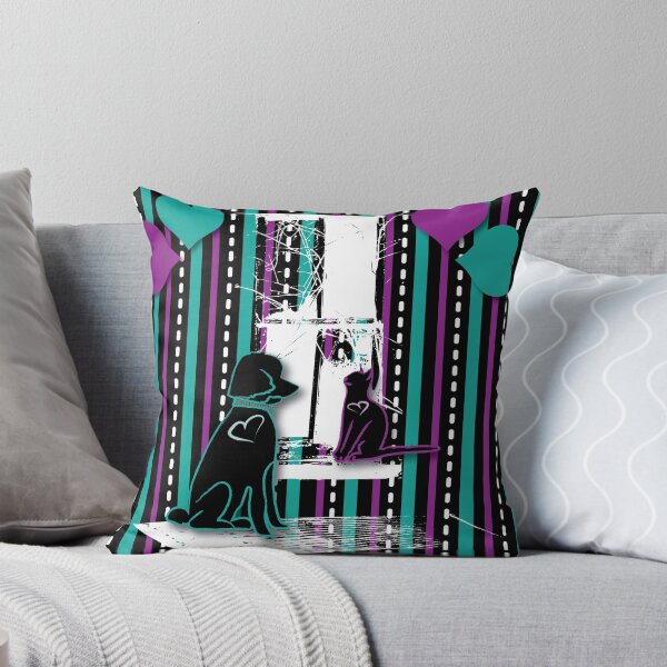 Item preview, Cat & Dog with Farm Window on Teal & Purple Stripe with Hearts designed and sold by Digitalmyth's Designs.