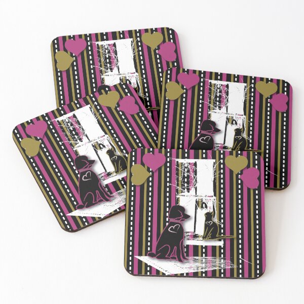 Item preview, Cat & Dog with Farm Window on Pink & Mustard Stripe with Hearts designed and sold by Digitalmyth's Designs.