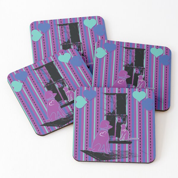 Item preview, Cat & Dog with Farm Window on Blue Teal & Purple Stripe with Hearts designed and sold by Digitalmyth's Designs.