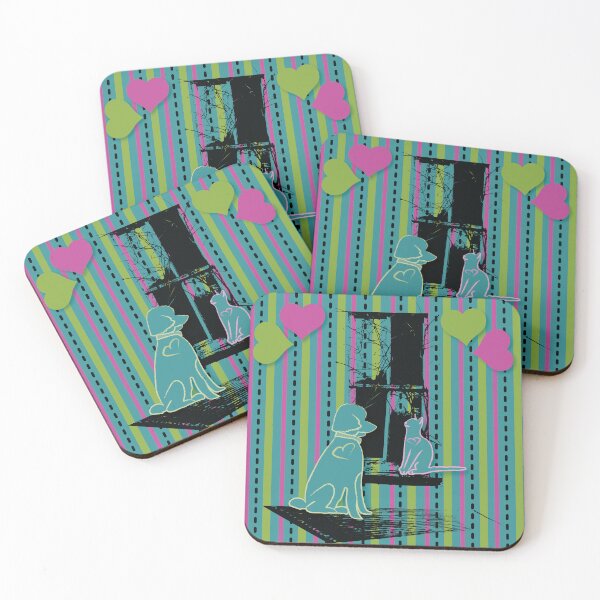 Item preview, Cat & Dog with Farm Window on Pink Green Teal Stripe with Hearts designed and sold by Digitalmyth's Designs.