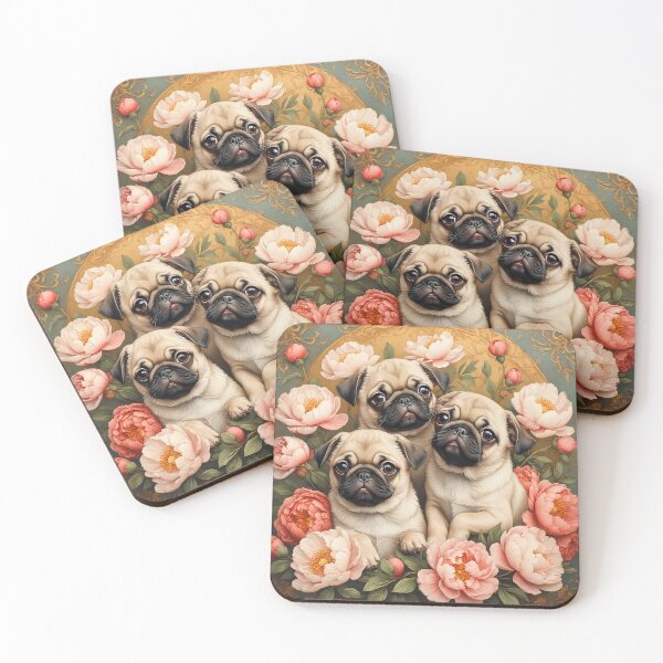 Item preview, Pug puppies among peony flowers. designed and sold by Natalia-Vlad.