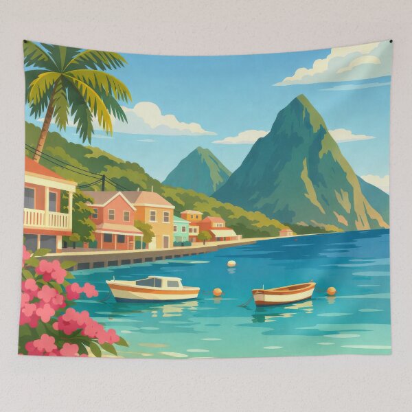 Item preview, St Lucia Caribbean beach turquoise water and boats designed and sold by scicilysimonee.