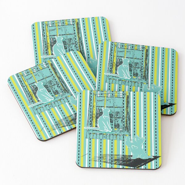 Item preview, Cat & Dog 2 with Farm Window on Aqua & Green Stripe designed and sold by Digitalmyth's Designs.