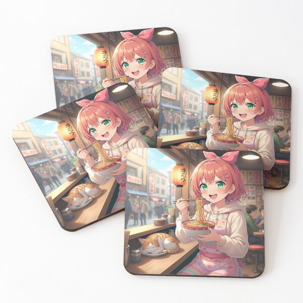 Item preview, Cute anime girl with cat eating noodles designed and sold by Kamast Anime Artworks.