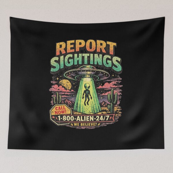 Item preview, Report Sightings UFO Hotline Shirt – 90s Alien Abduction Graphic Tee – Vintage Desert UFO Warning Design designed and sold by JonelCrafts.