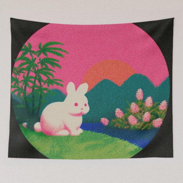 Item preview, Kawaii Bunny Neon Sunset Landscape designed and sold by bubblegoth.
