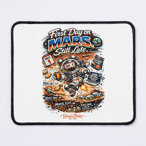 Item preview, First Day on Mars Still Late Funny Astronaut Space Humor Interplanetary Standup Zoom Meeting Retro Sci-Fi Art by Vivaan Studio designed and sold by Vivaan Studio.