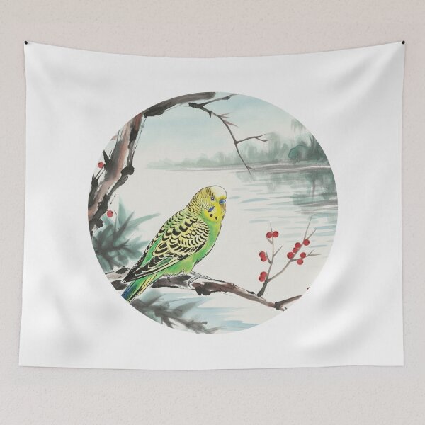 Item preview, Budgie on the Riverside - Asian Watercolor Bird Art designed and sold by Animal Xeno Circus.