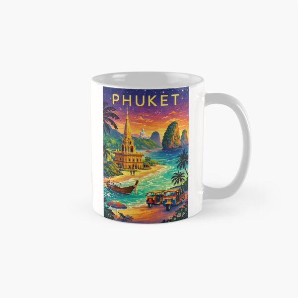 Item preview, Phuket Tropical Coastline at Dusk with Wat Chalong, Big Buddha, Tuk-Tuks and Limestone Cliffs in Thailand designed and sold by Places On Earth.