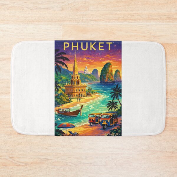 Item preview, Phuket Tropical Coastline at Dusk with Wat Chalong, Big Buddha, Tuk-Tuks and Limestone Cliffs in Thailand designed and sold by Places On Earth.