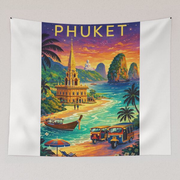 Item preview, Phuket Tropical Coastline at Dusk with Wat Chalong, Big Buddha, Tuk-Tuks and Limestone Cliffs in Thailand designed and sold by Places On Earth.