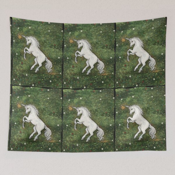 Item preview, Dancing unicorn with elf against a millefleurs background designed and sold by creaphyl28.