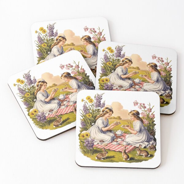 Item preview, Wildflower Picnic Wall Art – Storybook Tea Sisters with Bunnies Print designed and sold by ArtFreshStudio.