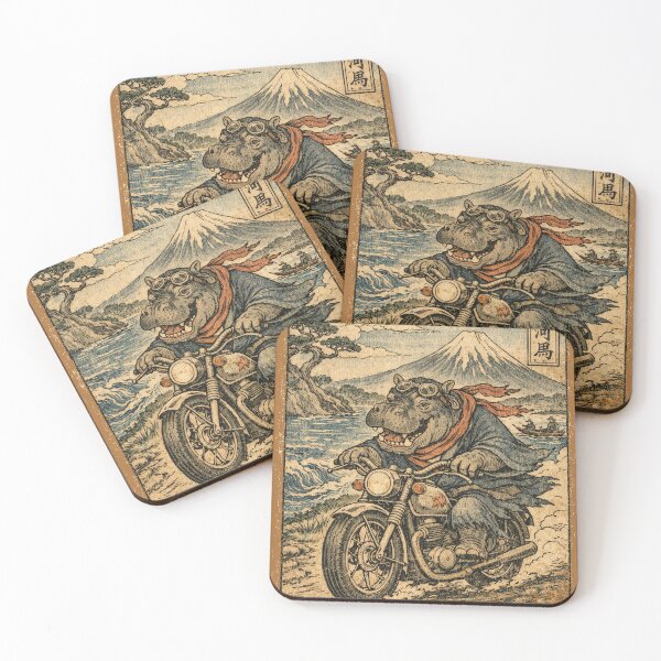 Item preview, Biker hippopotamus in Japanese Ukiyo-e style designed and sold by Mauswohn.