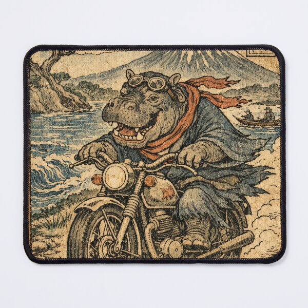 Item preview, Biker hippopotamus in Japanese Ukiyo-e style designed and sold by Mauswohn.