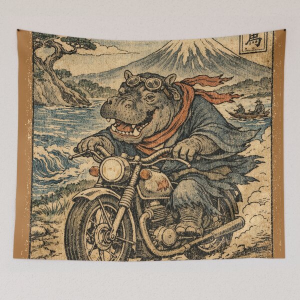 Item preview, Biker hippopotamus in Japanese Ukiyo-e style designed and sold by Mauswohn.