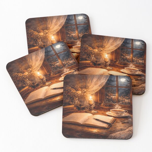 Item preview, Candlelight Writing Nook Wall Art – Vintage Romantic Night Writing Desk Print designed and sold by ArtFreshStudio.
