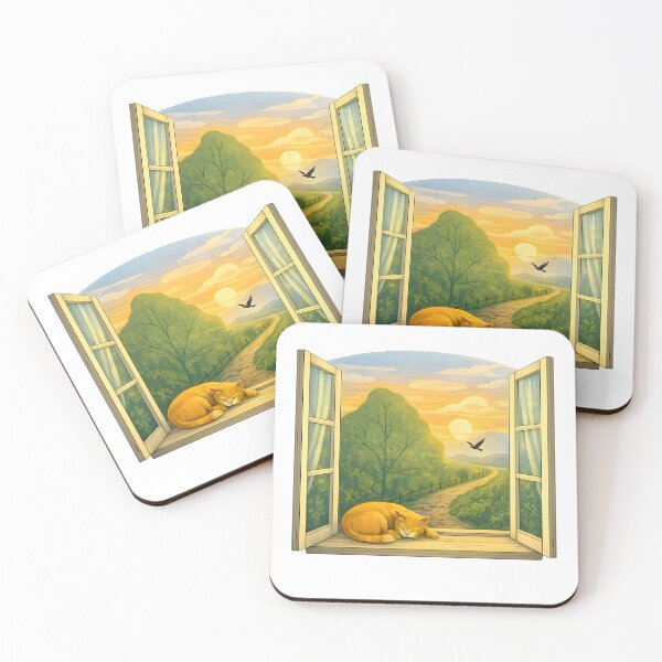 Item preview, Golden Sunset Dream – Sleeping Cat by the Open Window designed and sold by blankTeeShirt.
