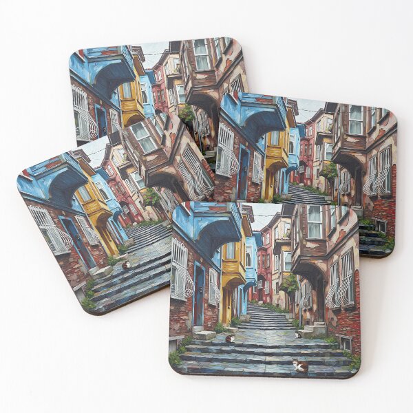 Item preview, Istanbul Balat Colorful Houses & Cats on Stairs - Oil Painting Art designed and sold by Ascend777.