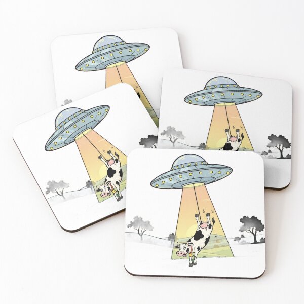 Item preview, A black and white cow abducted by aliens from a spaceship with yellow lights designed and sold by VerizalShop.
