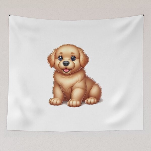 Item preview, Adorable golden retriever puppy sitting happily with big blue eyes and a joyful expression. designed and sold by cave-canvas.