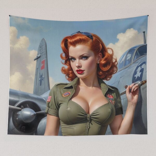 Item preview, Vintage 1940s Pin Up Girl Navy Fighter Plane WWII Nose Art Redhead Bombshell designed and sold by MissSaylor.
