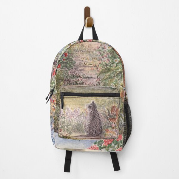 Item preview, Tabby cat sits in garden of flowers looking out over the countryside designed and sold by SusanAlisonArt.