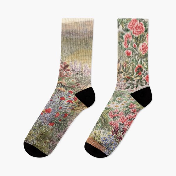 Item preview, Tabby cat sits in garden of flowers looking out over the countryside designed and sold by SusanAlisonArt.