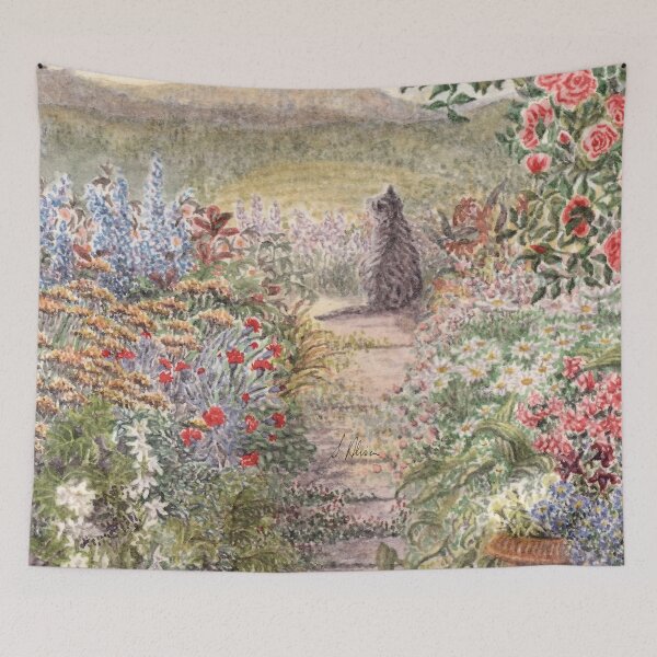 Item preview, Tabby cat sits in garden of flowers looking out over the countryside designed and sold by SusanAlisonArt.