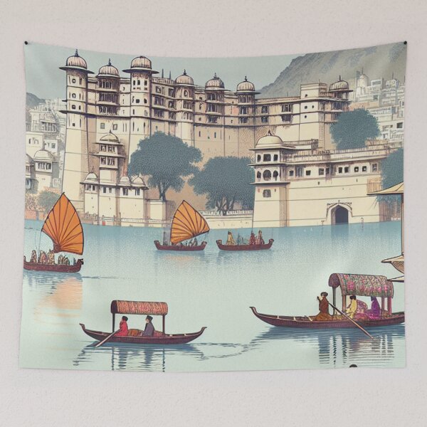 Item preview, Udaipur India Japanese Ukiyo-e Print Lake Pichola City Palace Edo Style Woodblock Art designed and sold by Vandy Fullam.