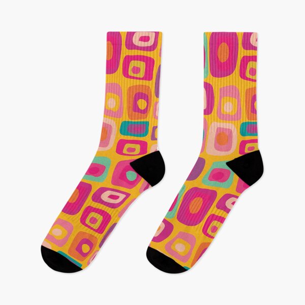 Item preview, Retro Mod Funky Rectangles | Textured |Stacked Shapes |Sunshine Yellow | Retro Rainbow | Fancy Pants Sox designed and sold by Annette Chabidon Studio.