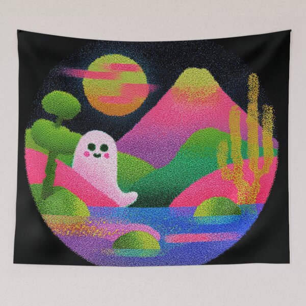 Item preview, Kawaii Ghost Vaporwave Night Landscape designed and sold by bubblegoth.