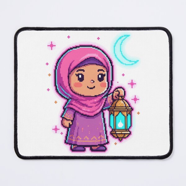 Item preview, Cute Pixel Art Ramadan Girl - Pink Hijab & Neon Lantern Sticker designed and sold by RonyMady.