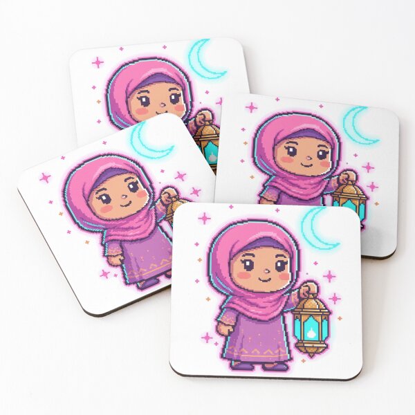 Item preview, Cute Pixel Art Ramadan Girl - Pink Hijab & Neon Lantern Sticker designed and sold by RonyMady.