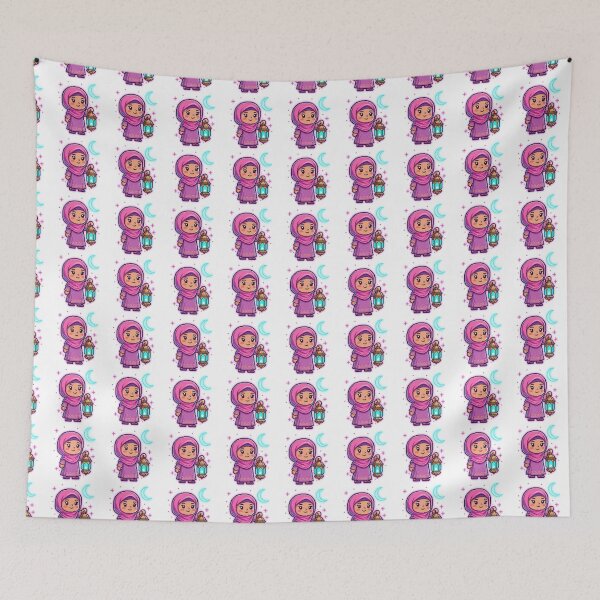 Item preview, Cute Pixel Art Ramadan Girl - Pink Hijab & Neon Lantern Sticker designed and sold by RonyMady.