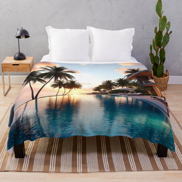 Item preview, Luxury Beach House Sunset – Tropical Infinity Palm Tree Pool View designed and sold by DreamyWallVibes.