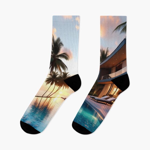 Item preview, Luxury Beach House Sunset – Tropical Infinity Palm Tree Pool View designed and sold by DreamyWallVibes.