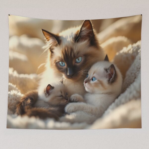 Item preview, Siamese Cat Mother Cuddling Kitten – Cozy Blue Eyes designed and sold by DreamyWallVibes.