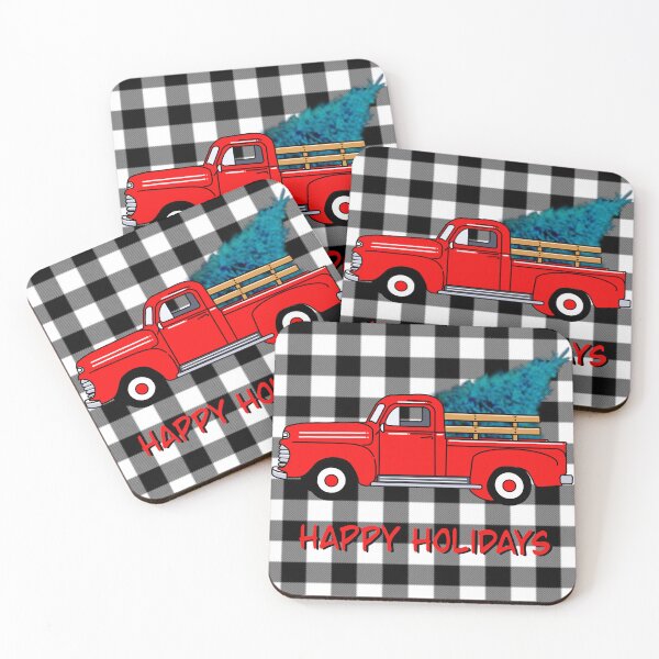 Item preview, Vintage Holiday red pick-up truck, grey black buffalo plaid pattern, holiday design, Christmas tree designed and sold by hollycooper.