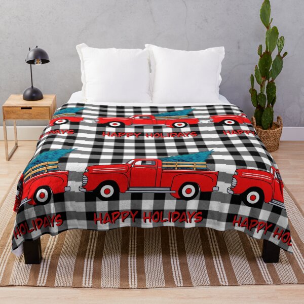 Item preview, Vintage Holiday red pick-up truck, grey black buffalo plaid pattern, holiday design, Christmas tree designed and sold by hollycooper.