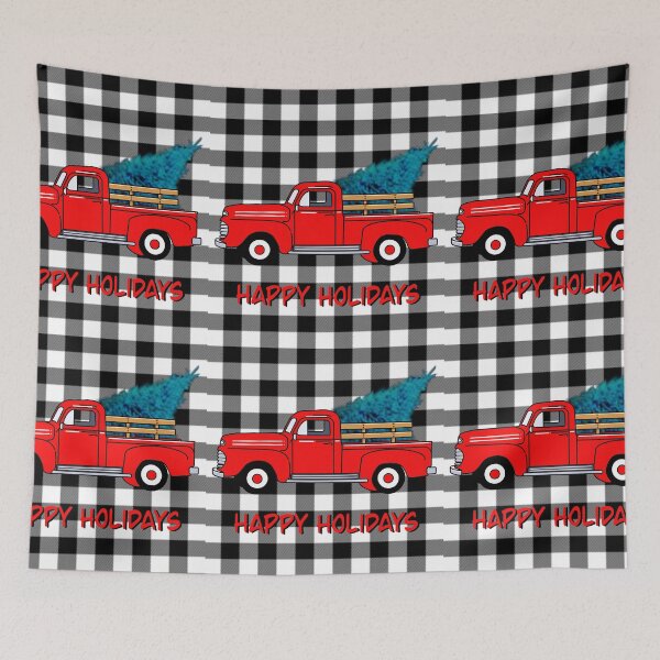 Item preview, Vintage Holiday red pick-up truck, grey black buffalo plaid pattern, holiday design, Christmas tree designed and sold by hollycooper.