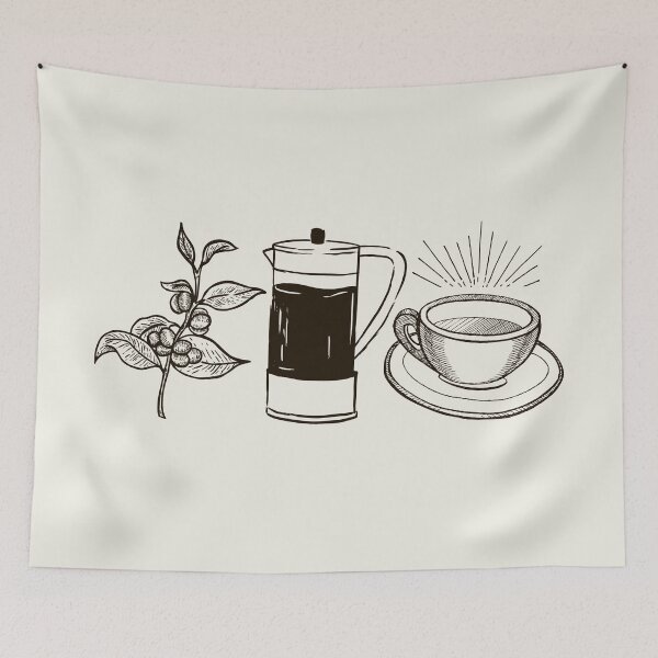 Item preview, Coffee Process Sketch - Coffee Bean, French Press, and Cup in Dark Brown designed and sold by Bold & Brewed.