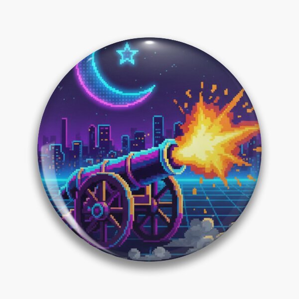 Item preview, Retro Pixel Ramadan Cannon - Neon Iftar Moon Synthwave Poster designed and sold by RonyMady.