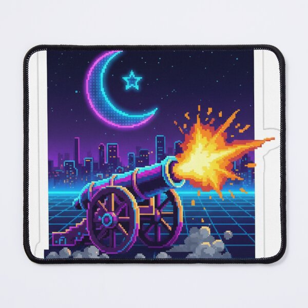 Item preview, Retro Pixel Ramadan Cannon - Neon Iftar Moon Synthwave Poster designed and sold by RonyMady.
