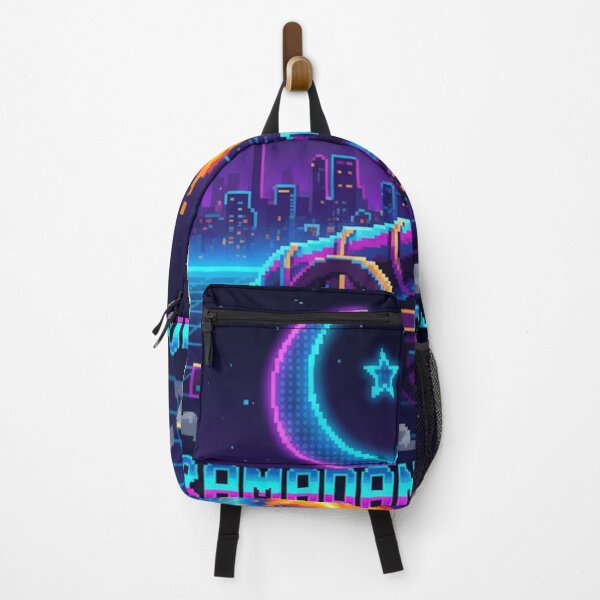 Item preview, Retro Pixel Ramadan Cannon - Neon Iftar Moon Synthwave Poster designed and sold by RonyMady.