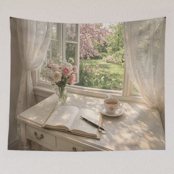 Item preview, Spring Writing Nook - Romantic Tea Garden Window View Art designed and sold by ArtFreshStudio.